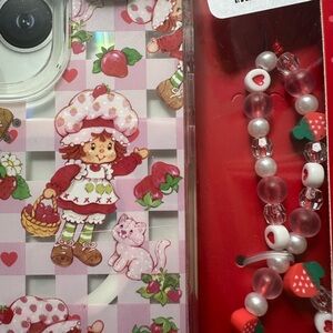 Cute Strawberry Themed Phone Case with Beaded Charm iPhone 13 Pro Max and 14 pro